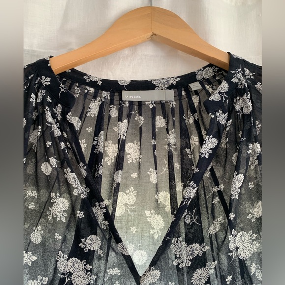 Vince Calico Print Floral Silk Blouse Coastal Navy Sheer - Picture 8 of 10